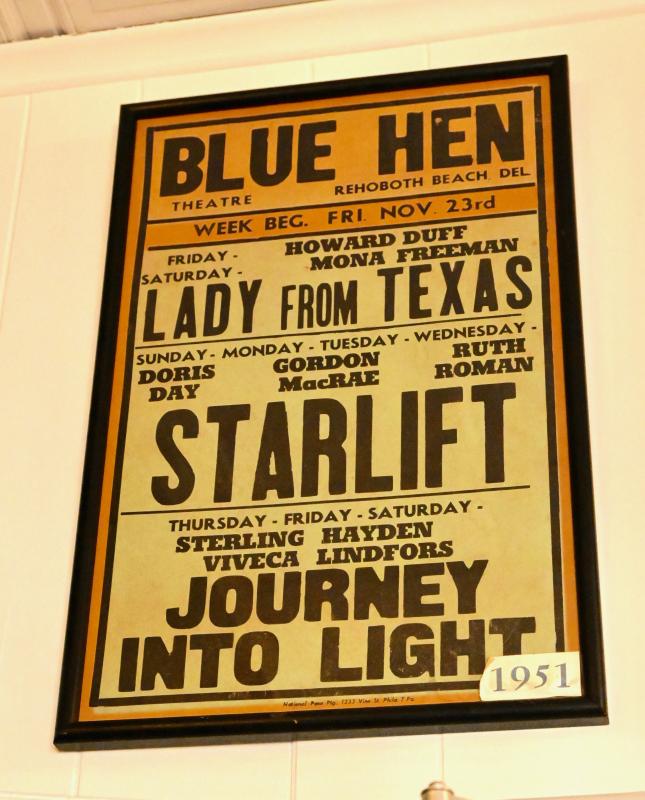 A rare movie poster showing upcoming movies playing at the Blue Hen Theater in downtown Rehoboth Beach. RON MACARTHUR PHOTO